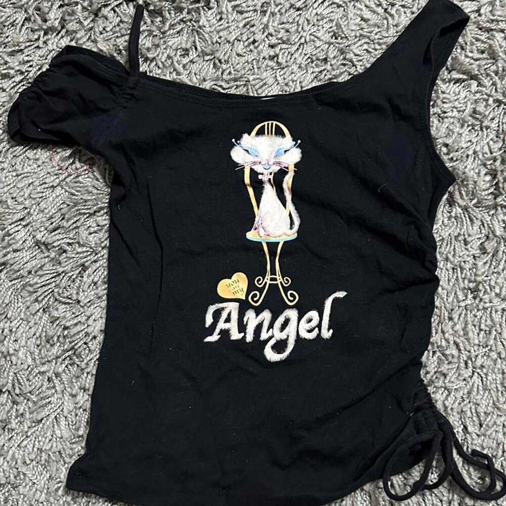 Early 2000s Finesse C*unty One Shoulder Angel Graphic Tee Off Shoulder Size S